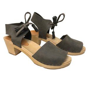 Bryr Retro Grey Leather Wooden Block Heel Clog Sandals Size 37
